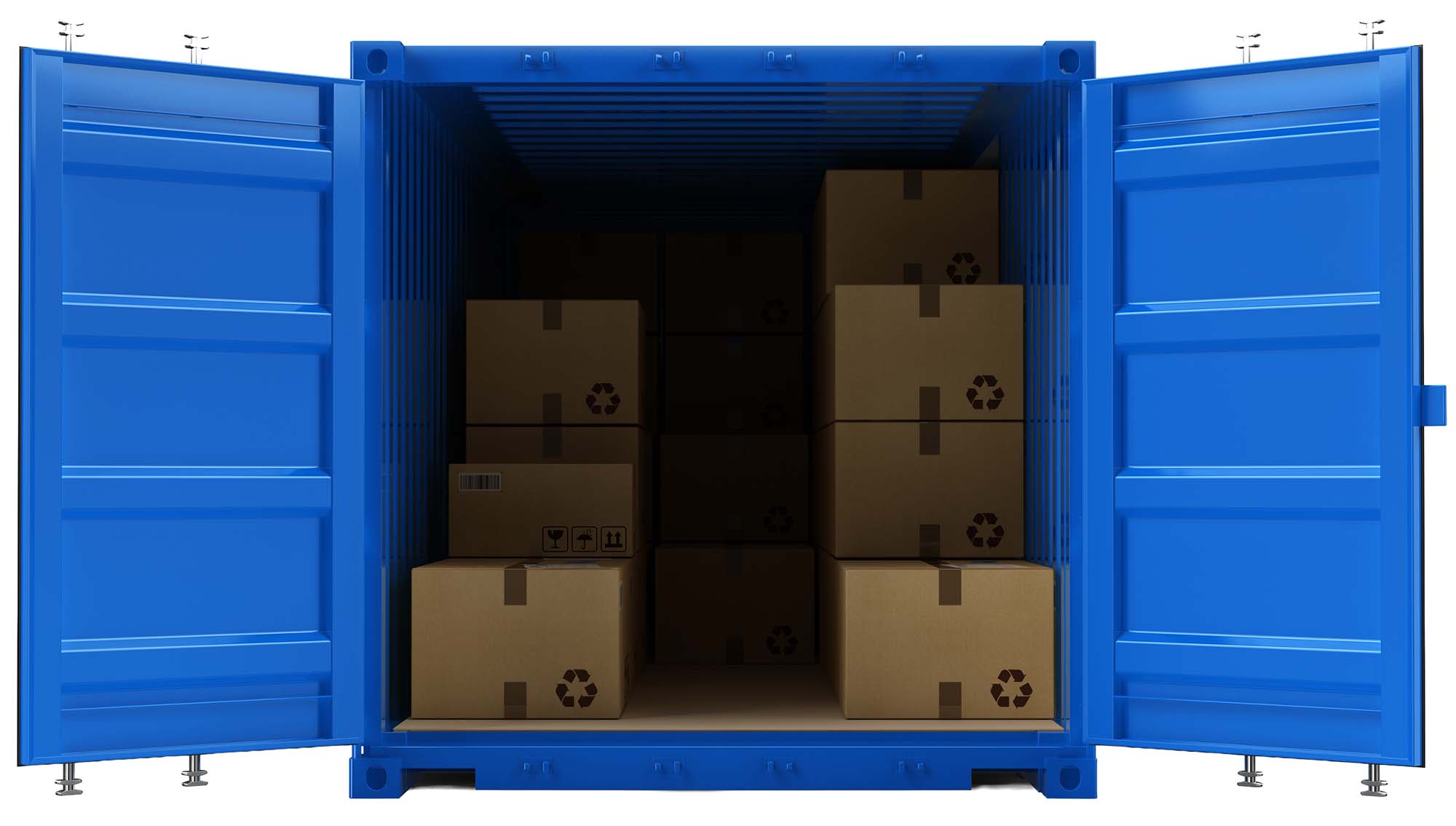 Open blue cargo freight shipping container with cardboard boxes isolated on white. 3d illustration